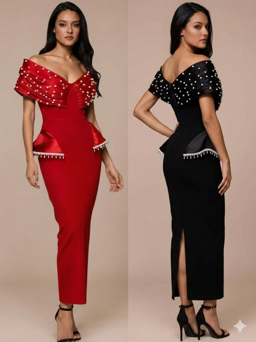 Crimson Red Pearl-Embellished Off-the-Shoulder Dress