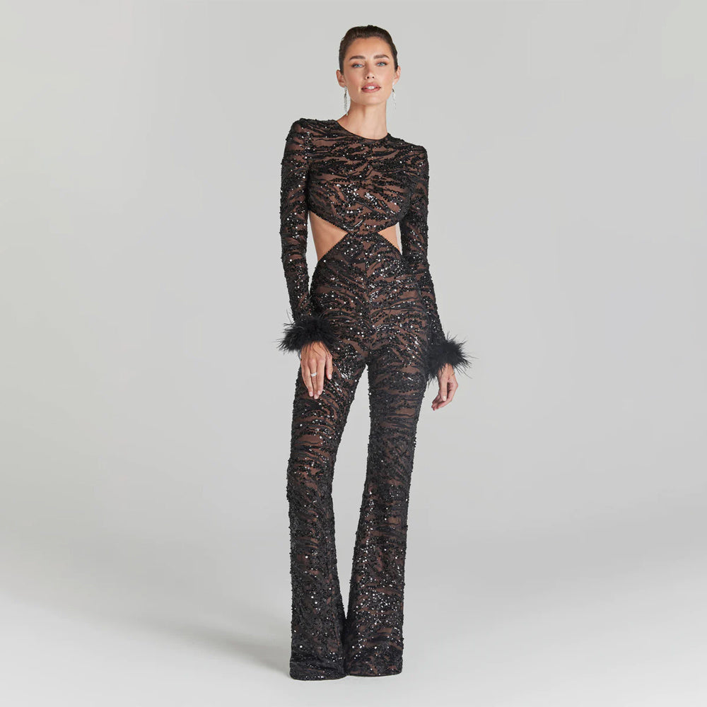 Black Sequin Cutout Jumpsuit with Feather Cuffs