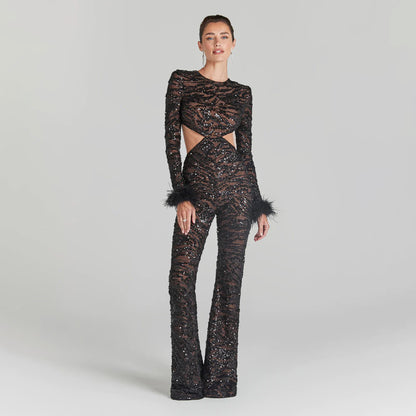 Black Sequin Cutout Jumpsuit with Feather Cuffs