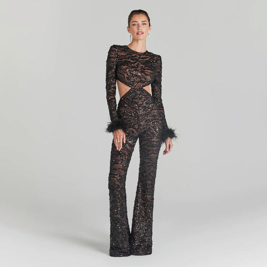 Black Sequin Cutout Jumpsuit with Feather Cuffs
