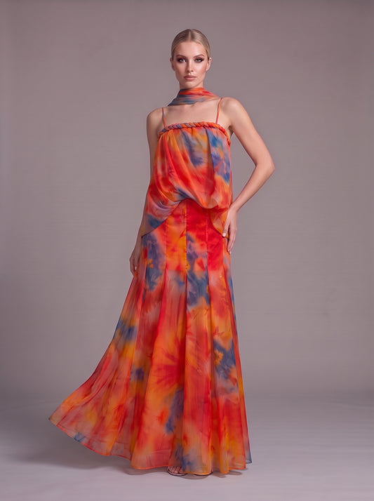 Vibrant Orange Tie-Dye Chiffon Evening Gown with Matching Scarf