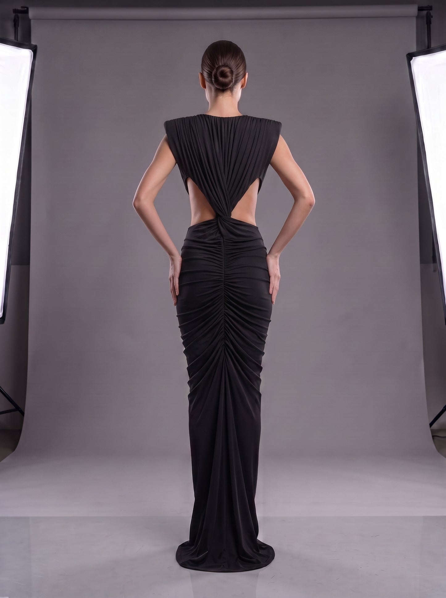 Plunging V-Neck Cutout Ruched Evening Gown - Black