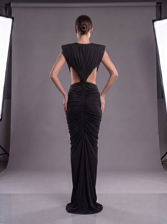 Plunging V-Neck Cutout Ruched Evening Gown - Black