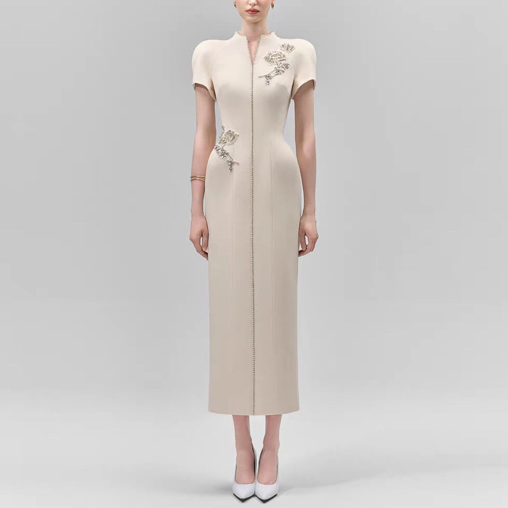 Crystal Floral Appliqué Cap Sleeve Column Dress - Champagne