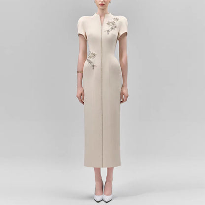 Crystal Floral Appliqué Cap Sleeve Column Dress - Champagne