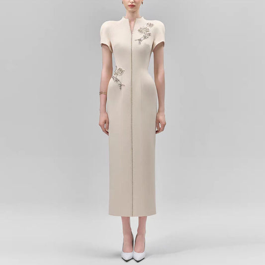 Crystal Floral Appliqué Cap Sleeve Column Dress - Champagne