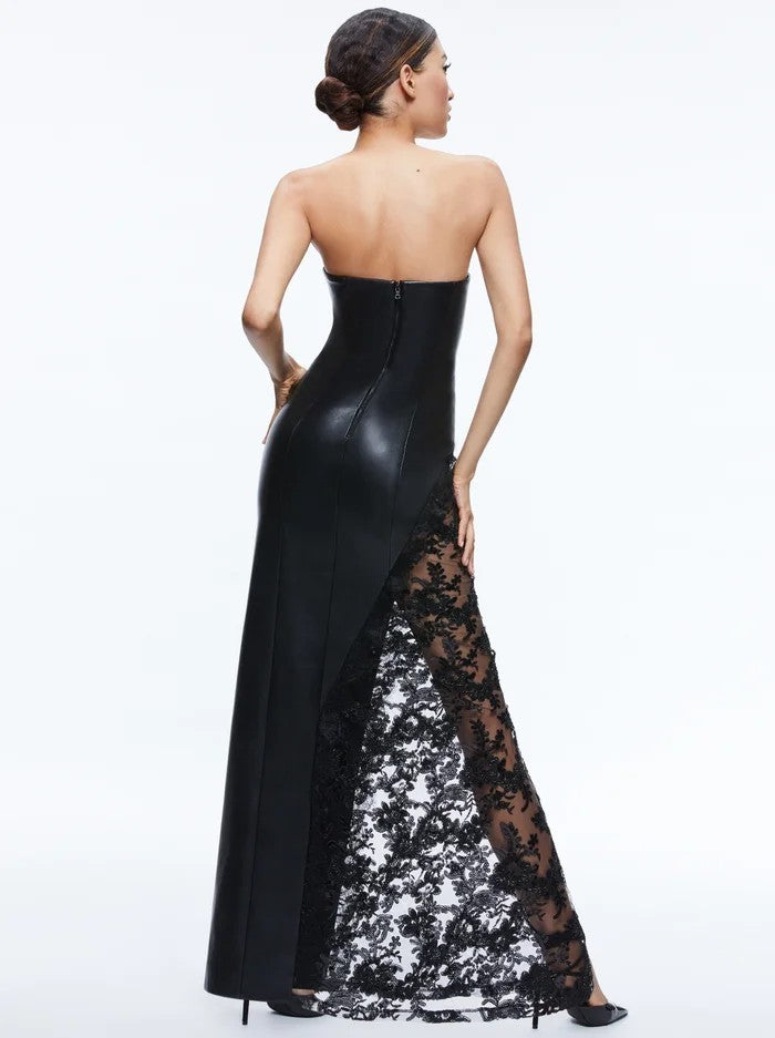 Avant-Garde Black Strapless Gown with Cascading Floral Lace