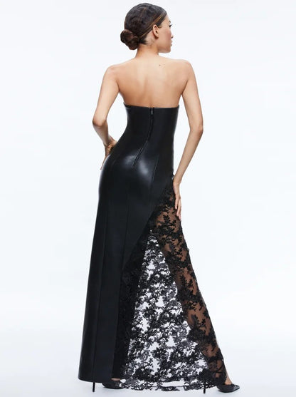 Avant-Garde Black Strapless Gown with Cascading Floral Lace
