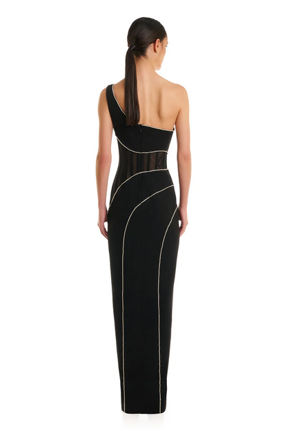 Elegant One-Shoulder Crystal-Trimmed Maxi Dress