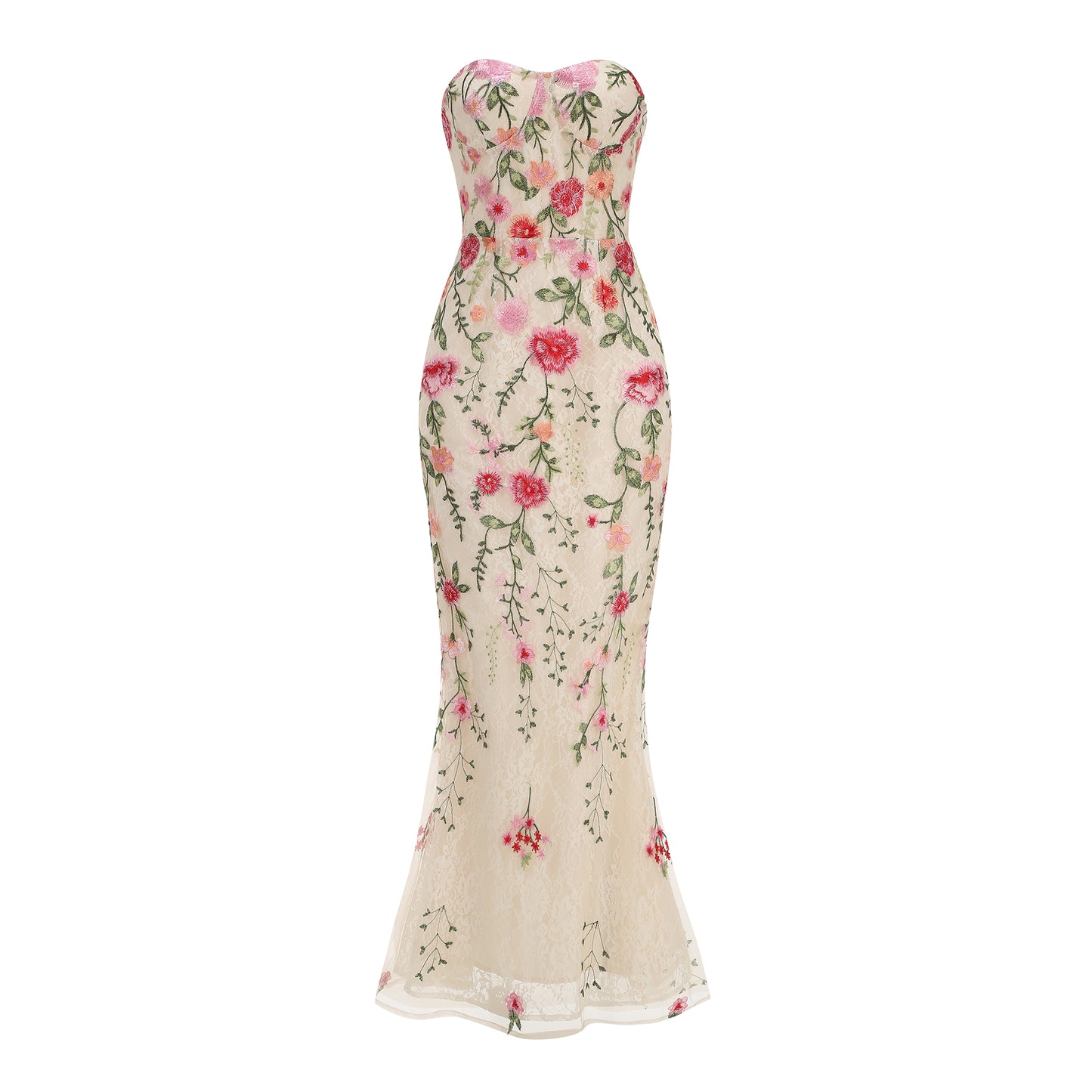 Strapless Sweetheart Floral Embroidered Nude Evening Gown