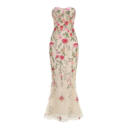 Strapless Sweetheart Floral Embroidered Nude Evening Gown