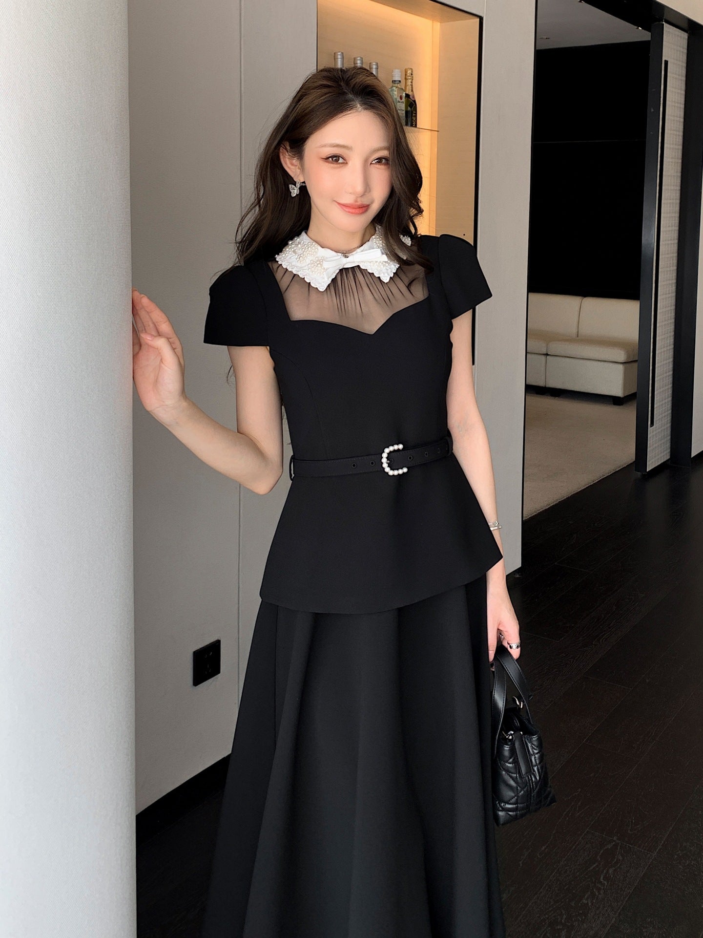 Pearl Collar Illusion Peplum Midi Set - Black