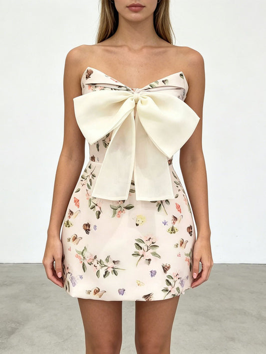 Elegant Floral Print Strapless Mini Dress with Statement Bow