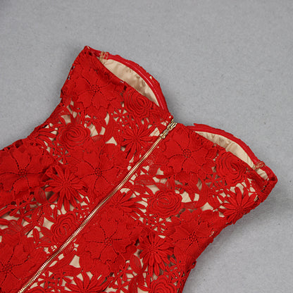 Strapless Red 3D Floral Lace Bustier Midi Dress