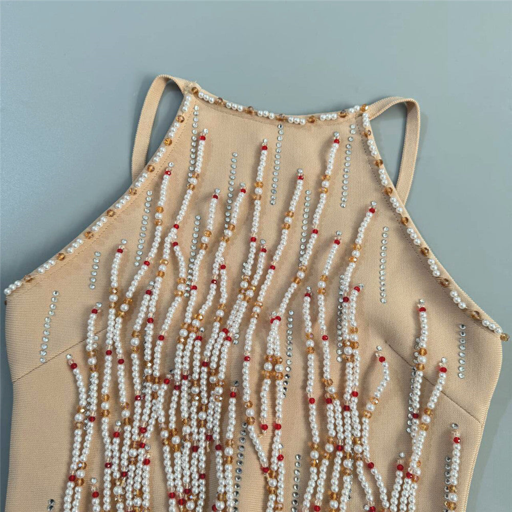 Pearl & Crystal Beaded Fringe Halter Mini Dress - Nude