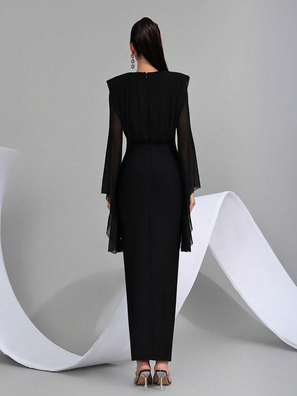 Midnight Starlight Crystal Sheer Sleeve Gown