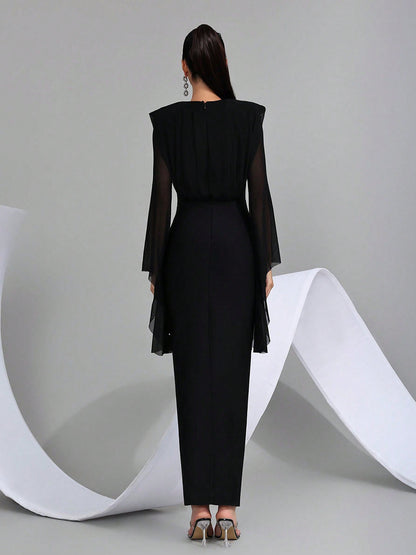 Midnight Starlight Crystal Sheer Sleeve Gown
