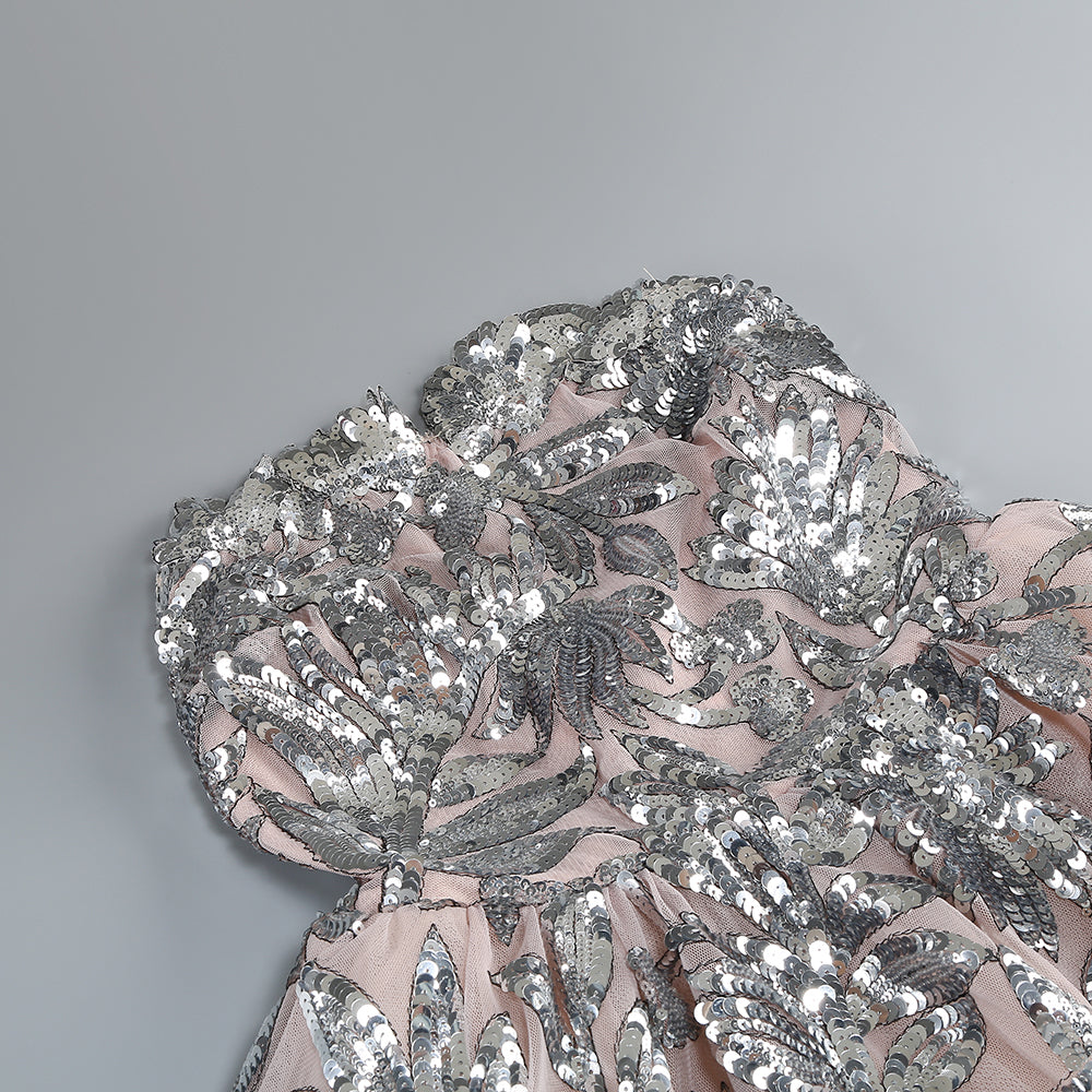 Celeste Strapless Sequin Floral Mini Dress in Silver & Blush
