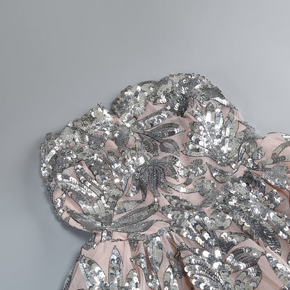 Celeste Strapless Sequin Floral Mini Dress in Silver & Blush