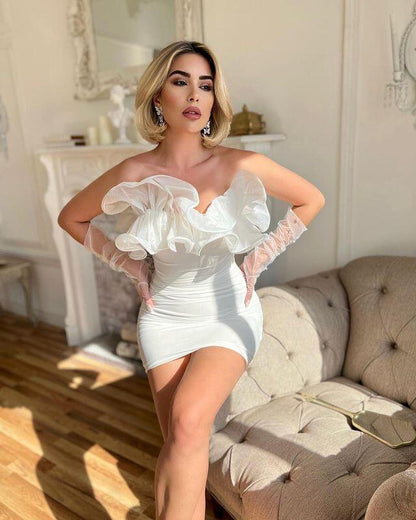 White Statement Ruffle Ruched Mini Dress
