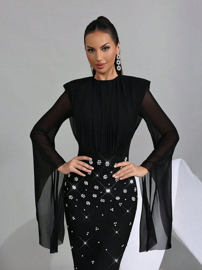 Midnight Starlight Crystal Sheer Sleeve Gown