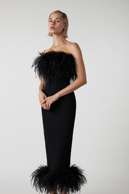 Black Strapless Feather-Trimmed Midi Dress