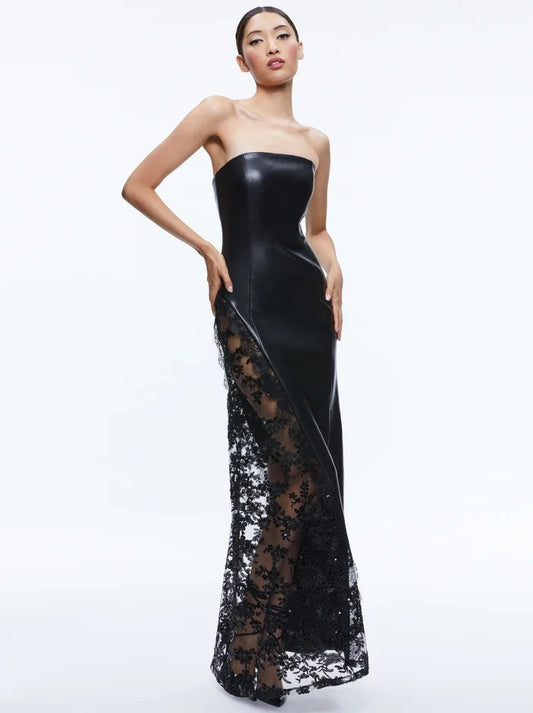 Avant-Garde Black Strapless Gown with Cascading Floral Lace