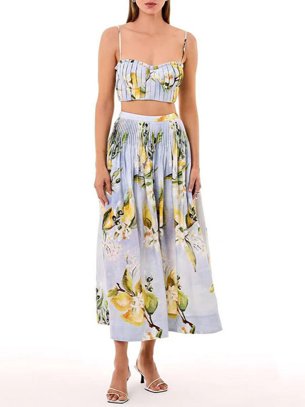 Mediterranean Lemon Print Two-Piece Midi Set