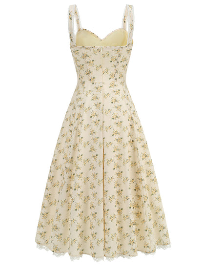 White and Yellow Ditsy Floral Sweetheart Midi Dress