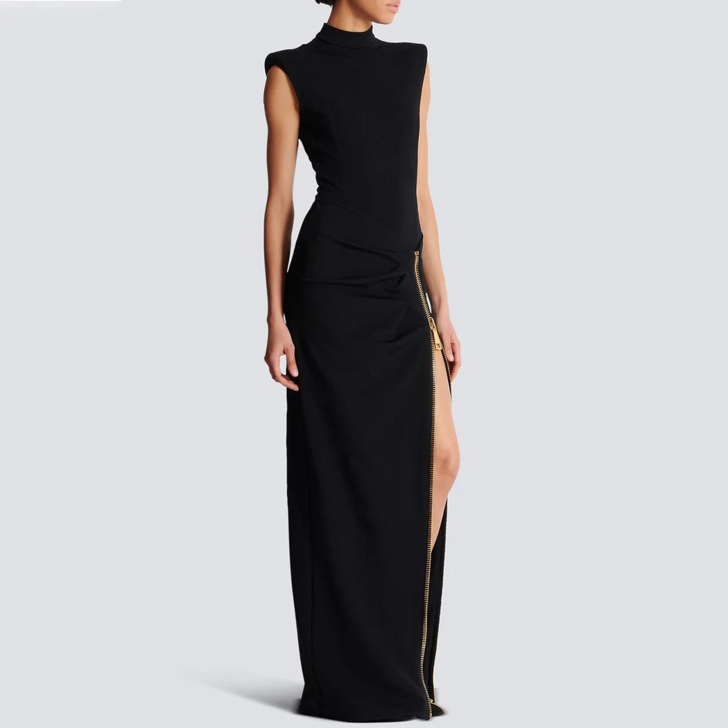 Architectural Strong-Shoulder Zip Column Gown - Onyx Black