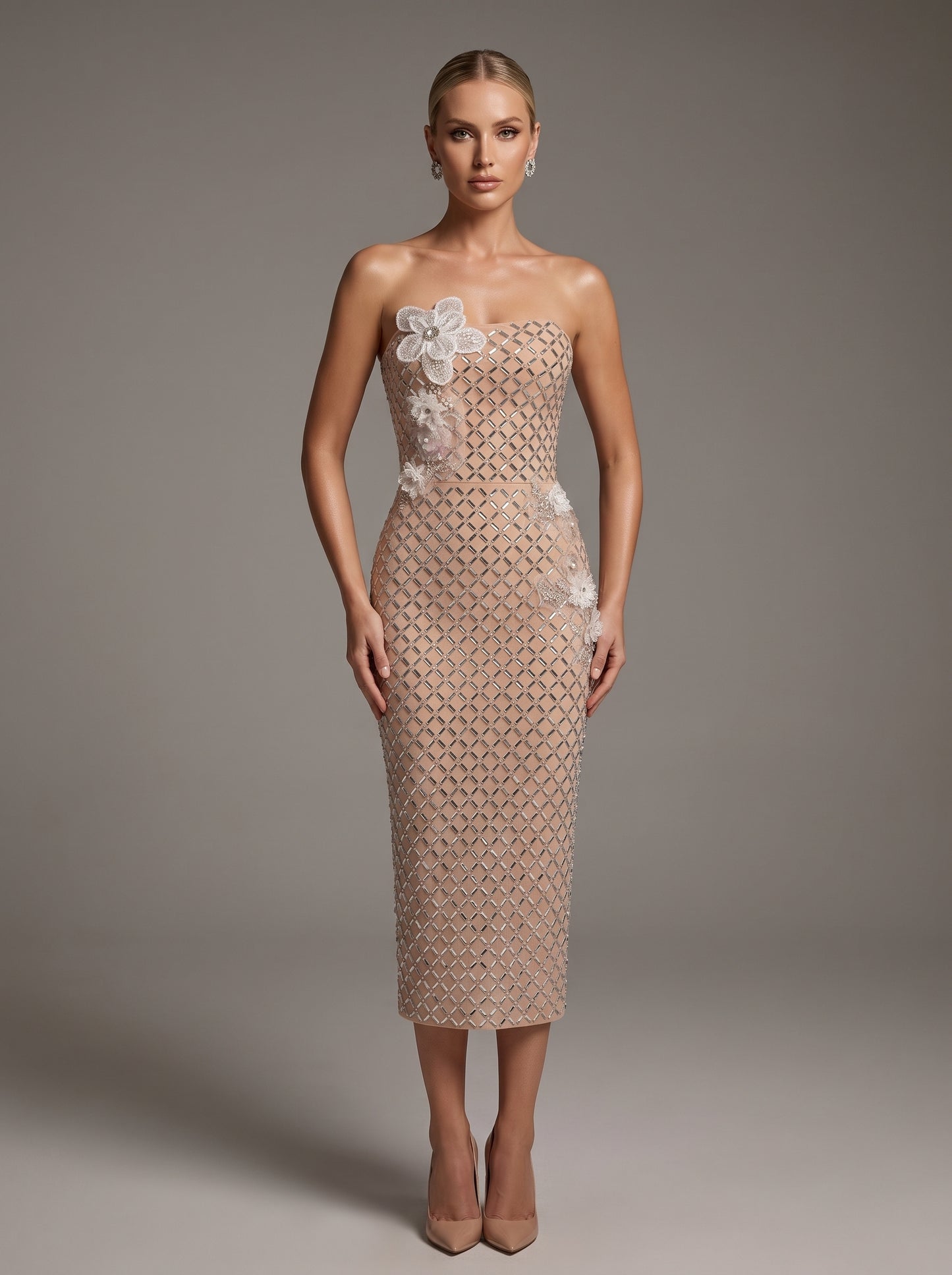 Embellished Rhinestone Lattice Midi Dress with 3D Florals - Blush