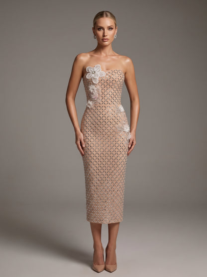 Embellished Rhinestone Lattice Midi Dress with 3D Florals - Blush