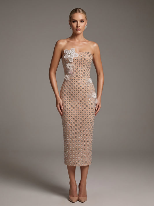 Embellished Rhinestone Lattice Midi Dress with 3D Florals - Blush