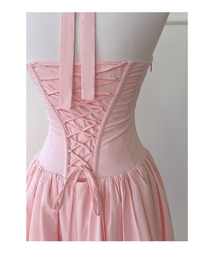Romantic Blush Pink Ruched Halter Gown