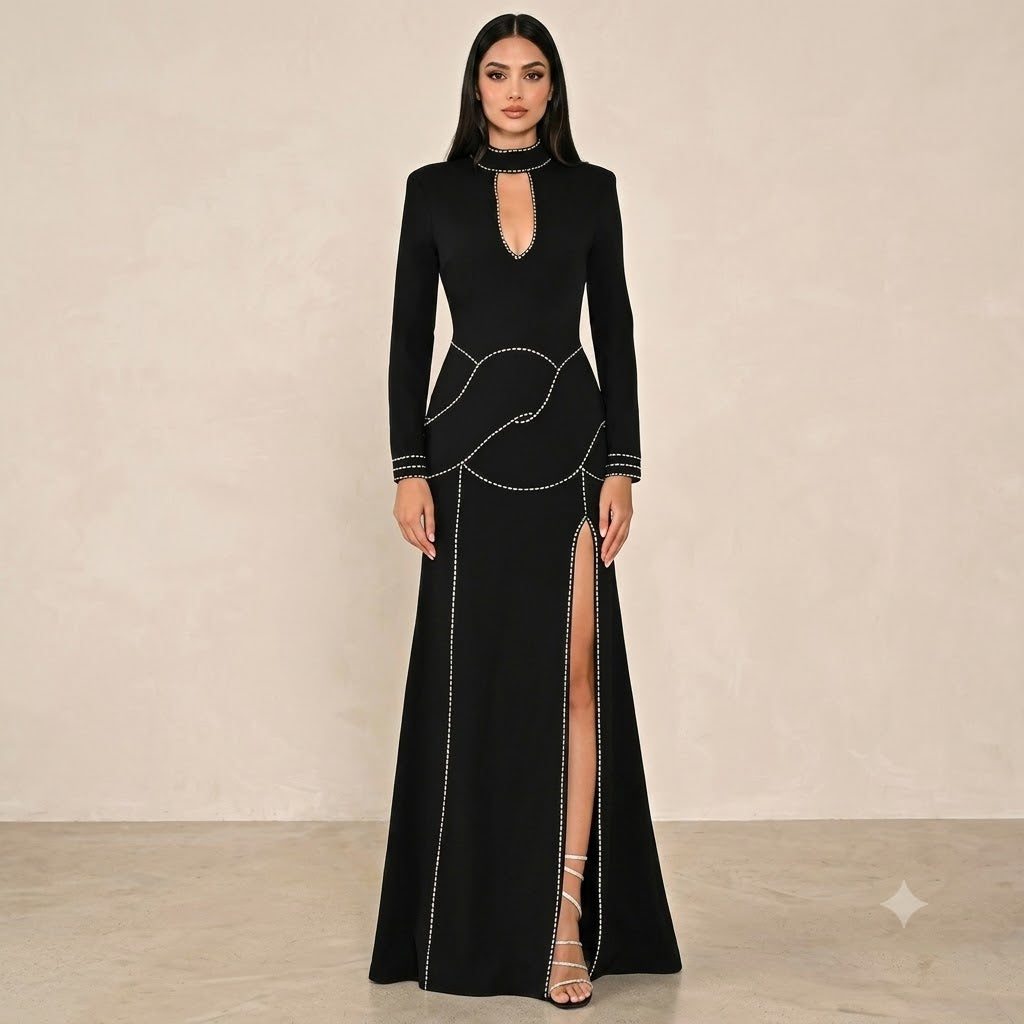 High Neck Keyhole Black Evening Gown with Crystal Embellished Trim