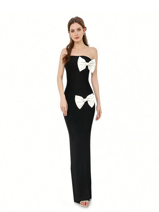 Strapless Asymmetrical Double-Bow Column Gown - Onyx Black & White