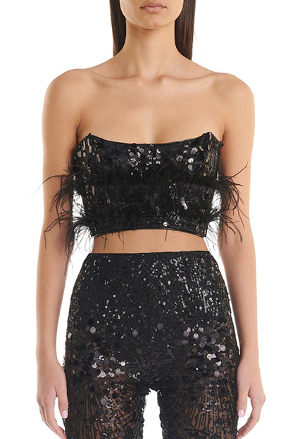 Black Feather-Trimmed Crop Top and Sheer Sequin Flared Pants Set