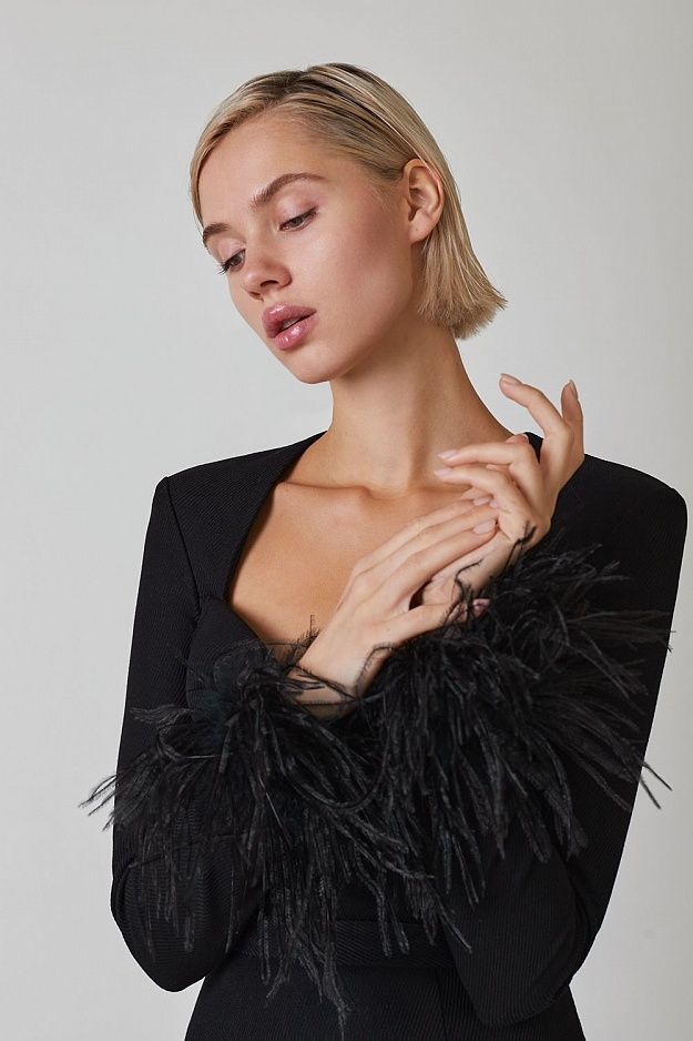 Elegant Black Feather-Trimmed Long Sleeve Mini Dress