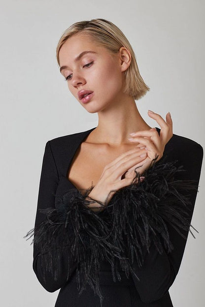 Elegant Black Feather-Trimmed Long Sleeve Mini Dress