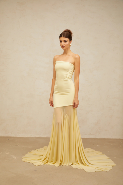 Seraphina Strapless Pale Yellow Gown with Pleated Chiffon Train