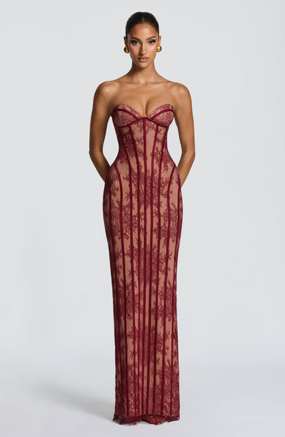 Exquisite Strapless Lace-Paneled Corset Column Gown