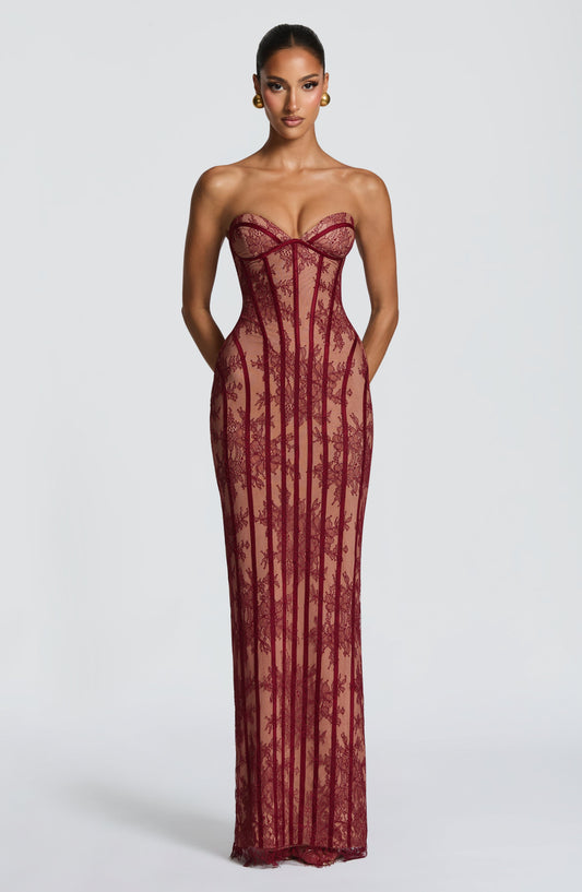 Exquisite Strapless Lace-Paneled Corset Column Gown
