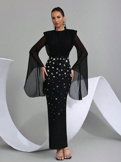 Midnight Starlight Crystal Sheer Sleeve Gown