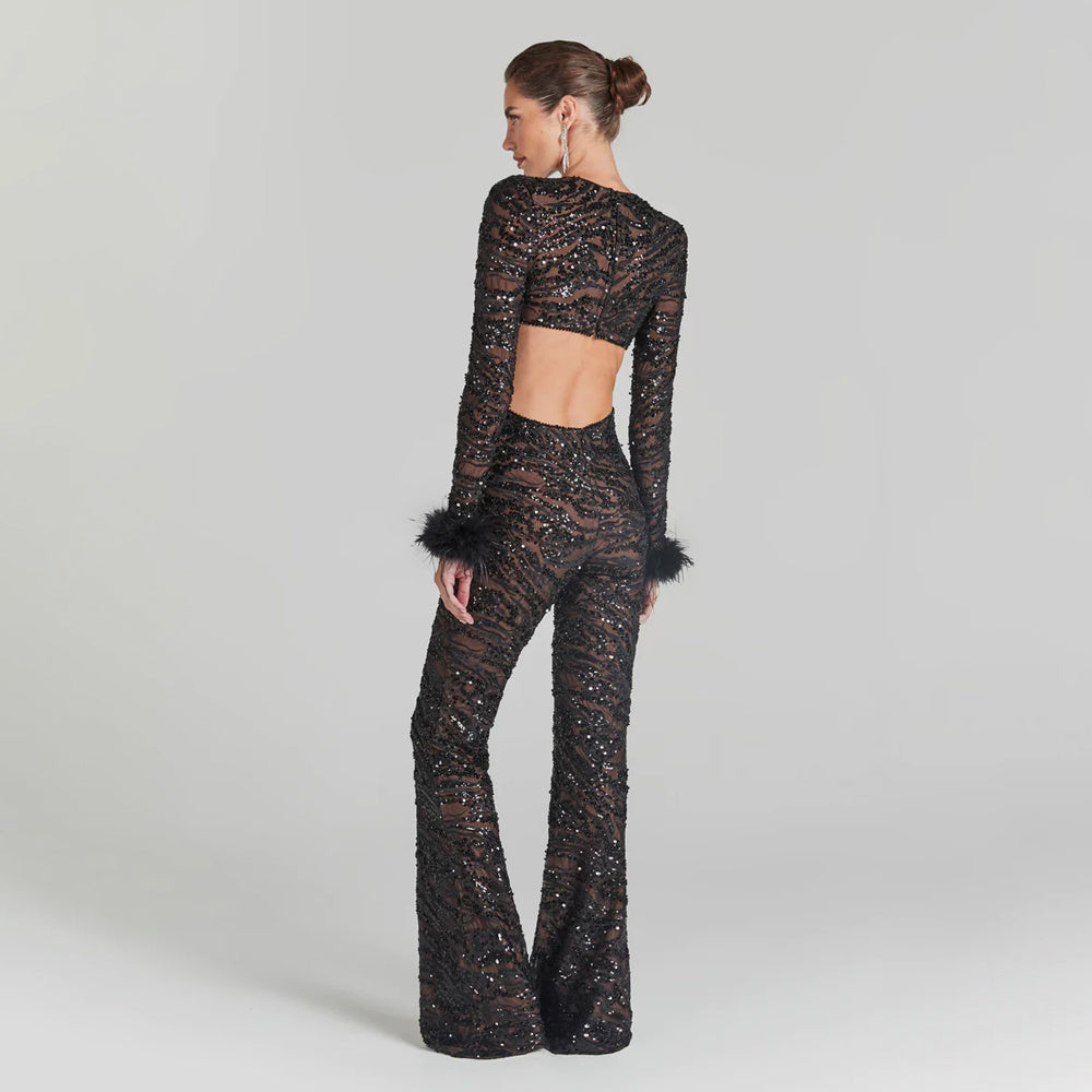 Black Sequin Cutout Jumpsuit with Feather Cuffs