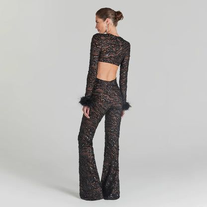 Black Sequin Cutout Jumpsuit with Feather Cuffs