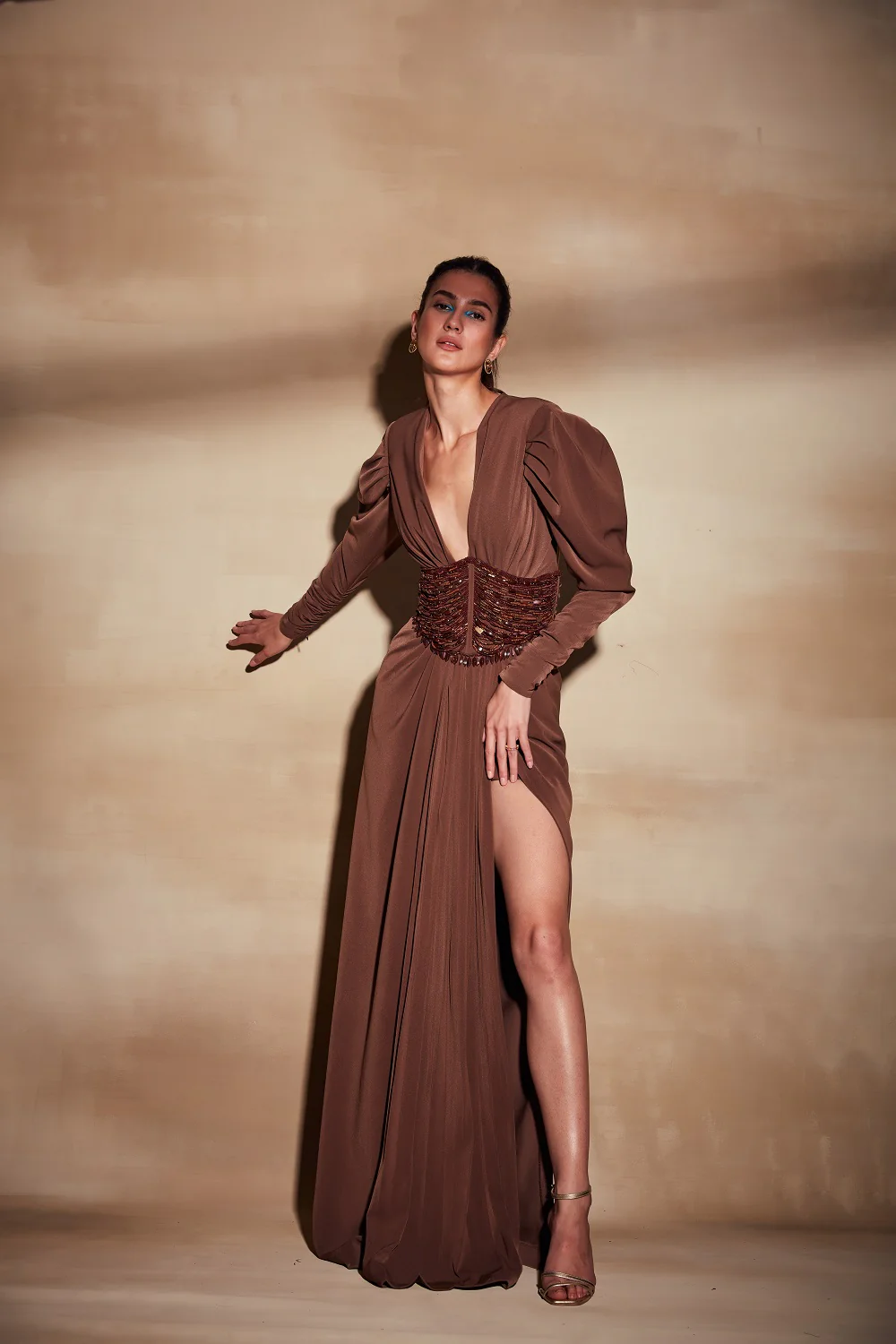 Chocolate Brown Embellished Corset-Waist Slit Gown