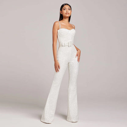 Luminous White Sequin Bustier Flared Jumpsuit