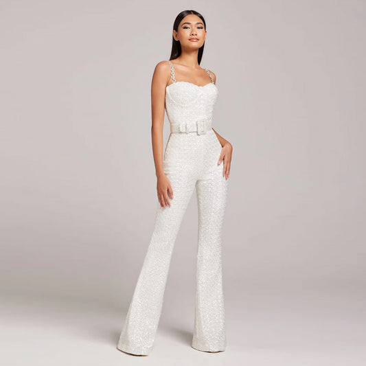 Luminous White Sequin Bustier Flared Jumpsuit