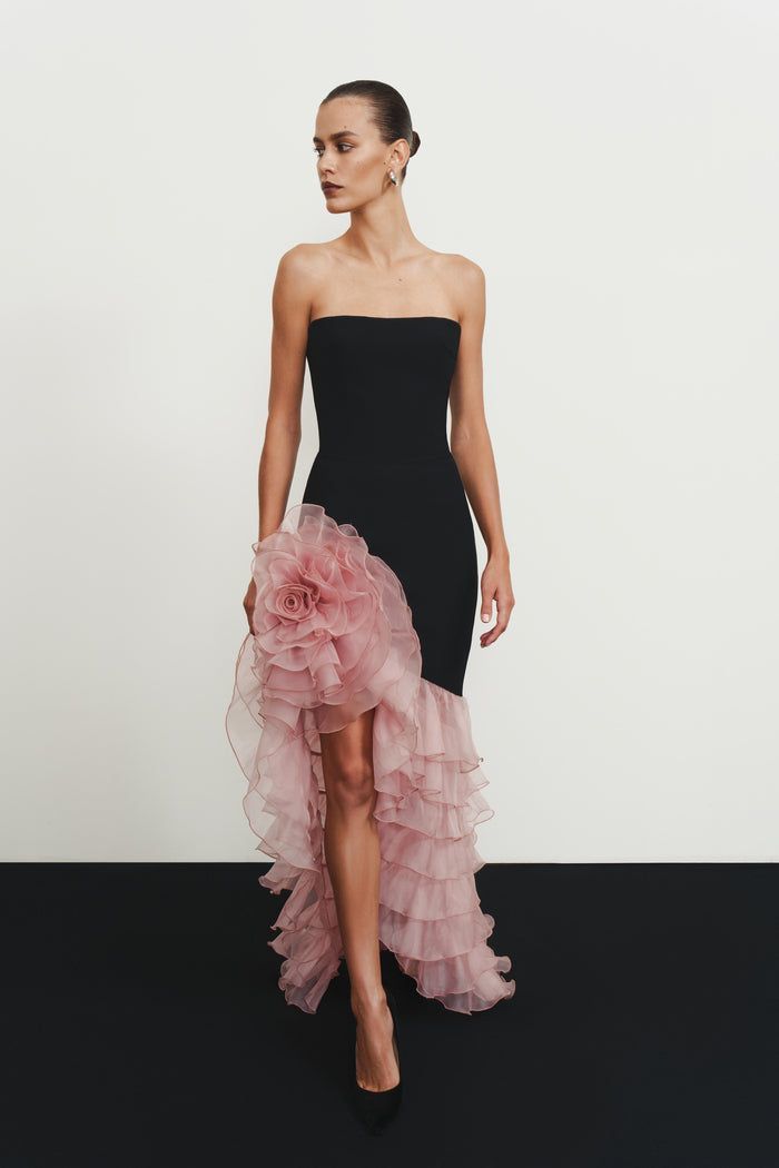 Black Strapless Asymmetrical Gown with Blush Organza Rosette