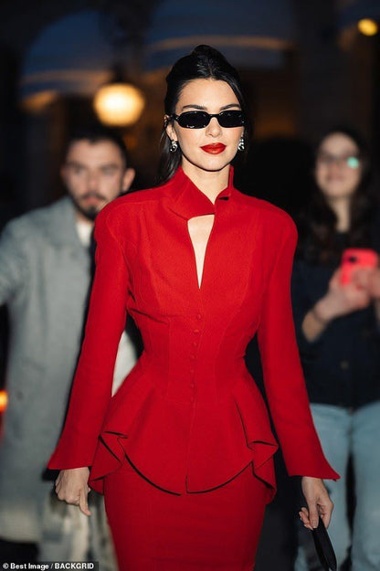 Crimson Red Peplum Jacket and Pencil Skirt Ensemble